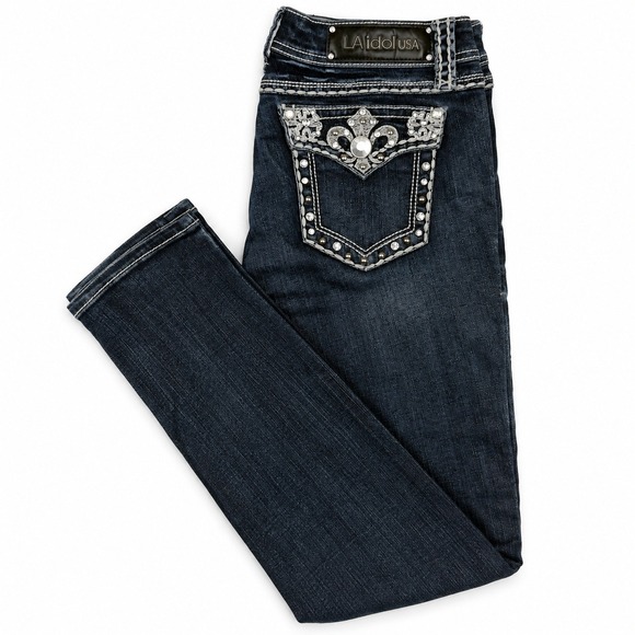 LA Idol USA Denim - Y2K L.A. Idol USA Jeans Size 11 W33 L31.5 Rhinestone Fleur De Lis Bling Denim